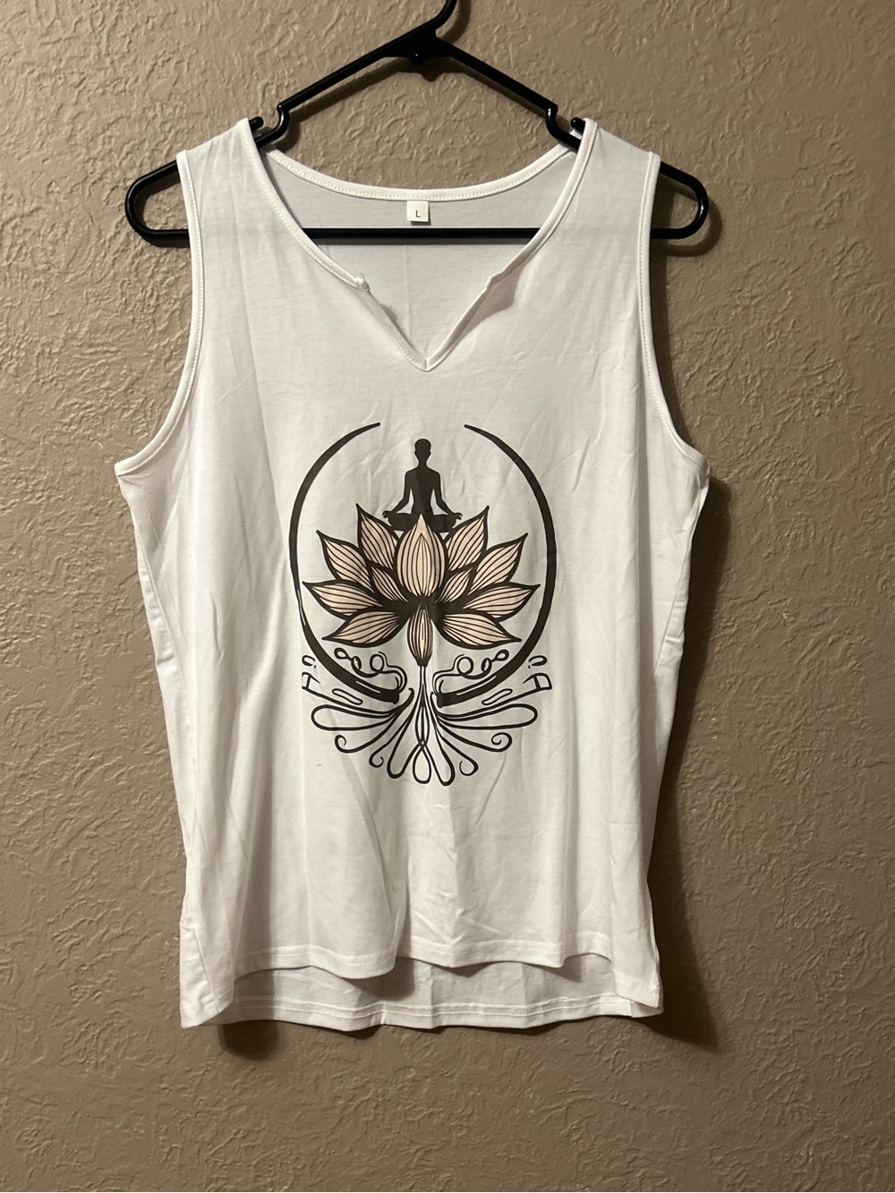 Amazon White Lotus Graphic Tank Top with Black and Beige Design